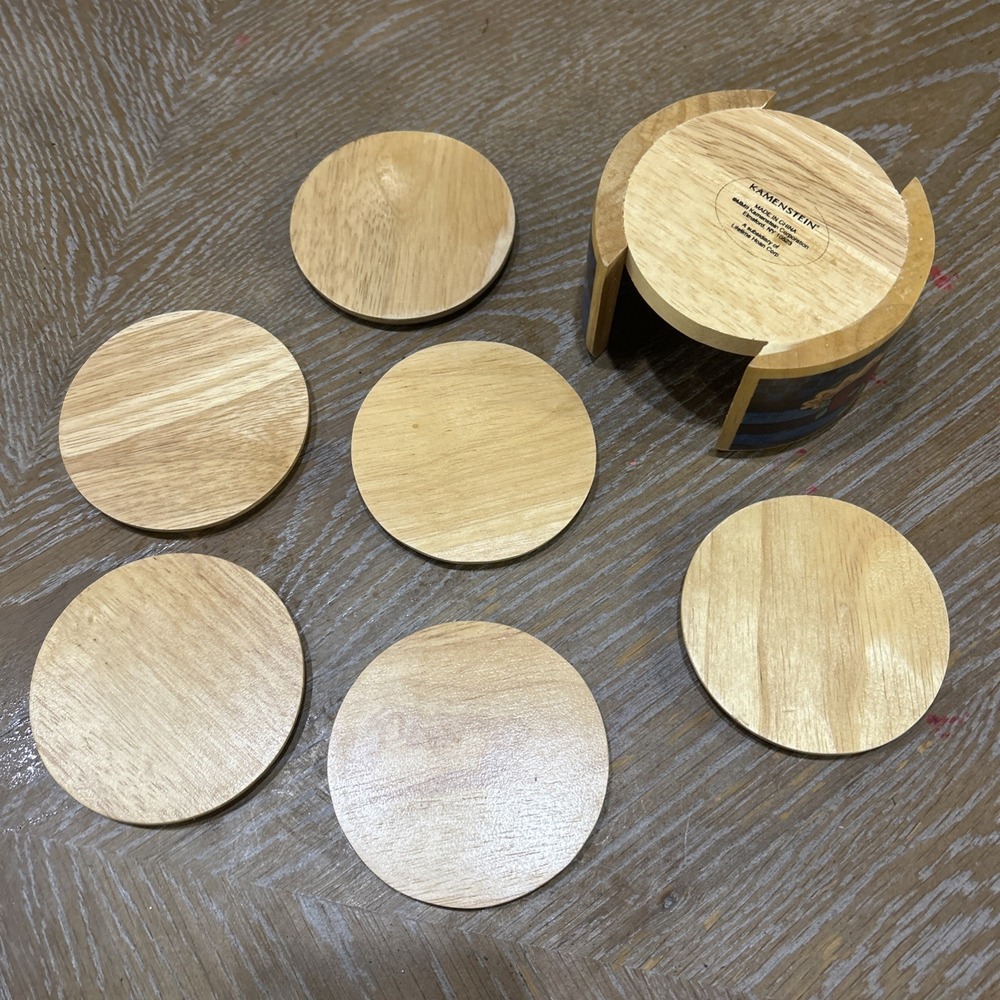 Vintage Kamenstein Wood Round Coaster Set 6 Pc Natural with Holder Apple Pie - Picture 6 of 7
